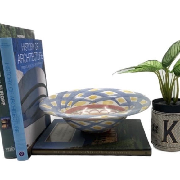 Mackenzie-Childs VTG 12” Bowl Aaslmeer with Tulips & Geometric CrisscrossPattern - Picture 1 of 7